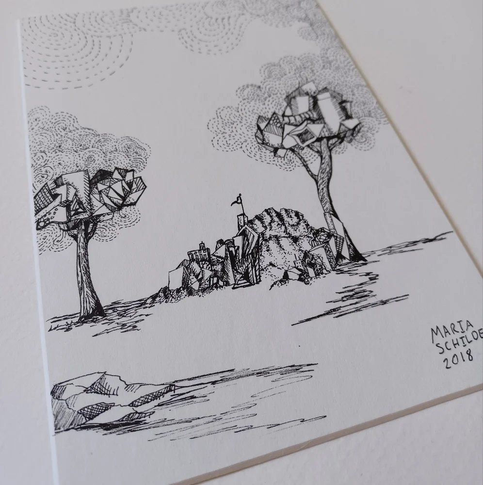 ORIGINAL ART Abstract Tree and Mountain Outpost ink drawing 5